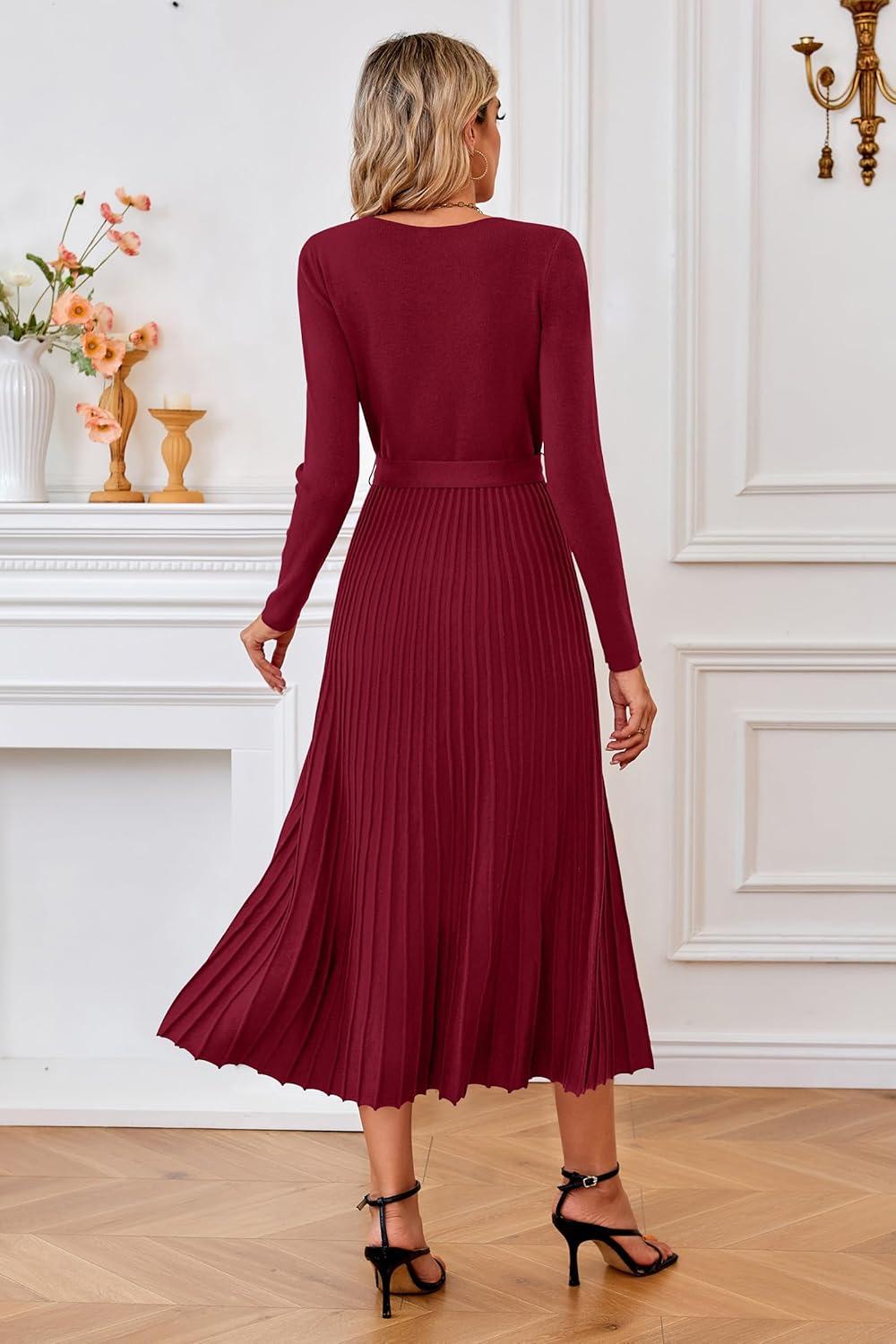 image:imageArachampCloz Womens Wool Blend Tie Waist Pleated Fall Sweater Dress 2025Wine Red