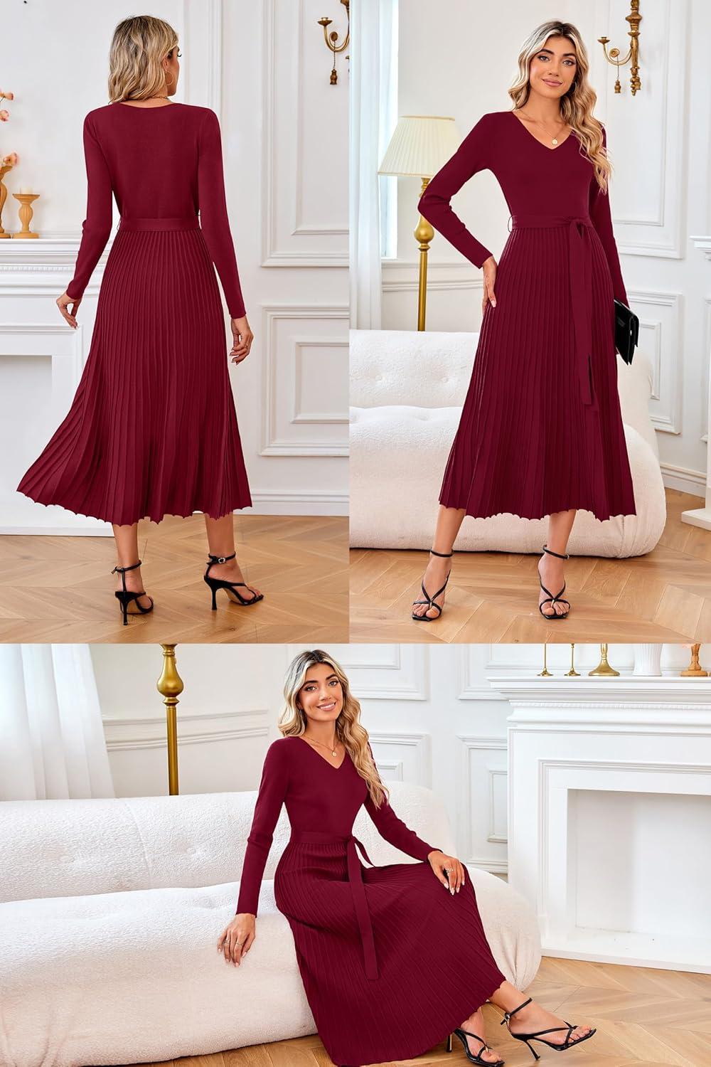 image:imageArachampCloz Womens Wool Blend Tie Waist Pleated Fall Sweater Dress 2025Wine Red