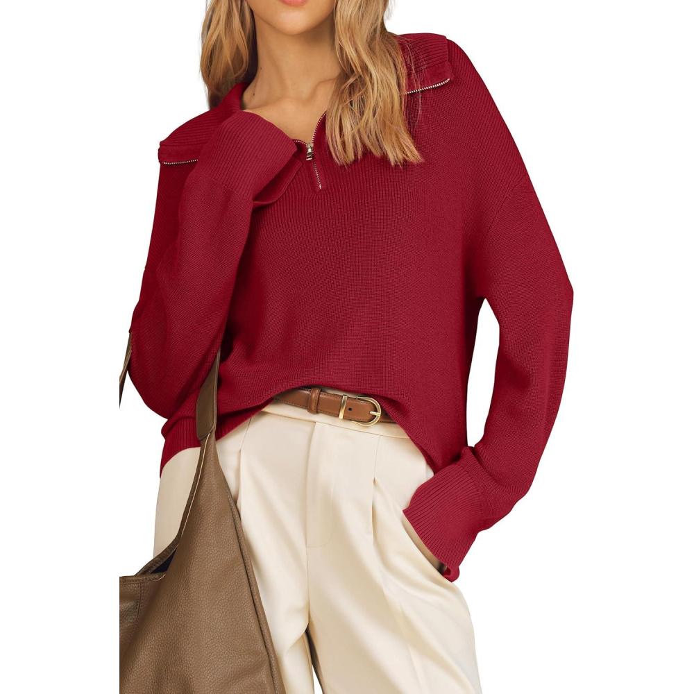 image:imageArachampCloz Womens Wool Blend Quarter Zip Pullover Sweater Trendy Winter Soft Casual Lapel Oversized Fit TopBurgundy