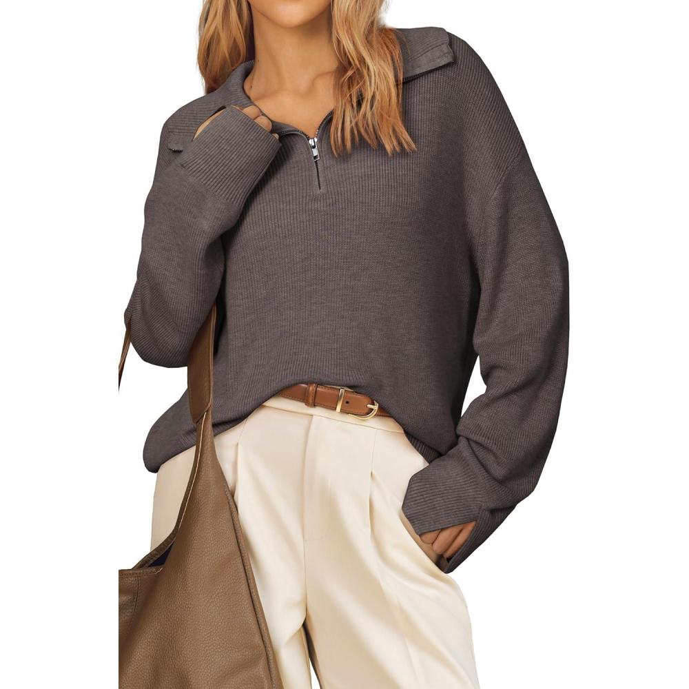 image:imageArachampCloz Womens Wool Blend Quarter Zip Pullover Sweater Trendy Winter Soft Casual Lapel Oversized Fit TopCoffee