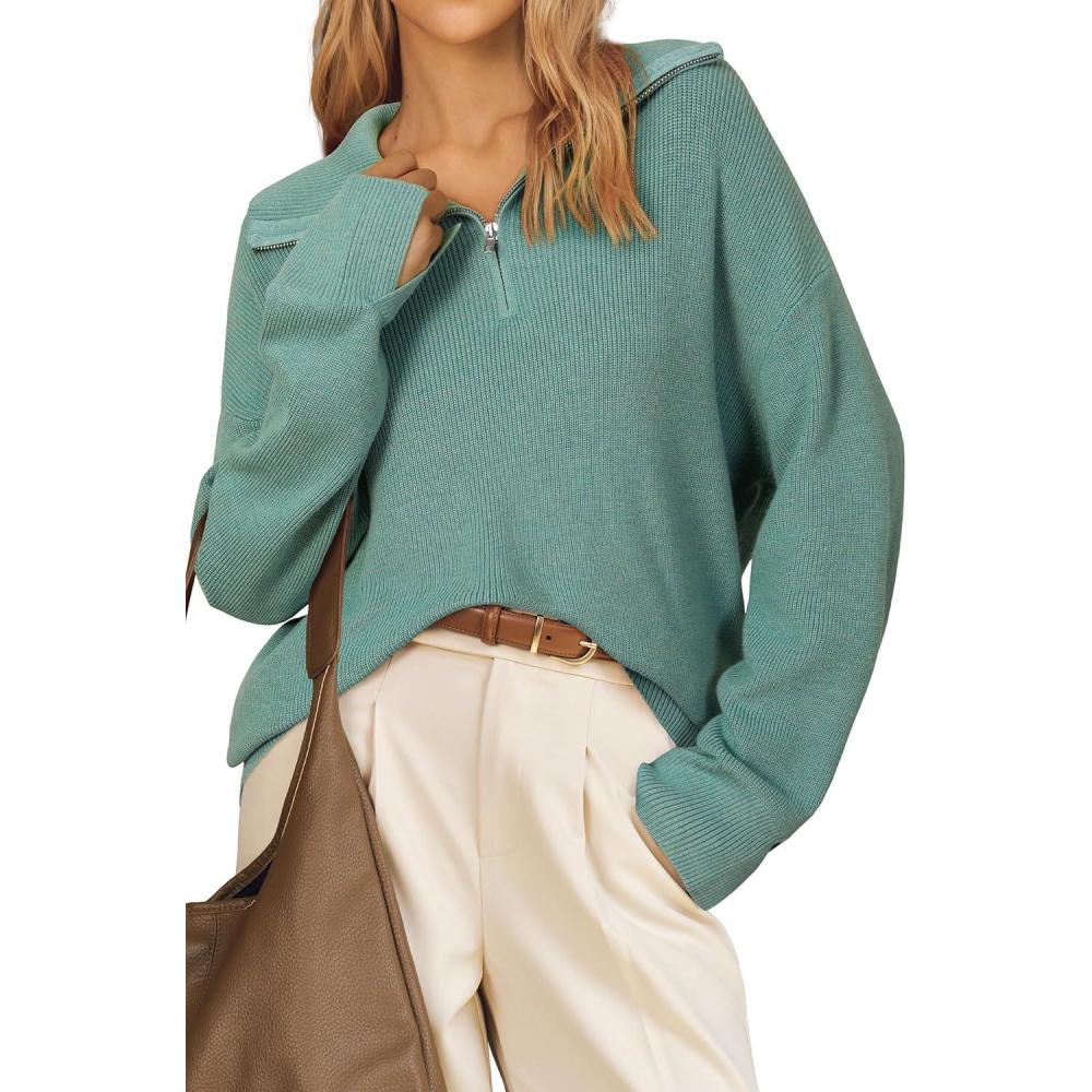 image:imageArachampCloz Womens Wool Blend Quarter Zip Pullover Sweater Trendy Winter Soft Casual Lapel Oversized Fit TopGrey Green