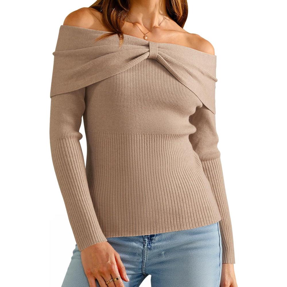 image:imageArachampCloz Womens Wool Blend Slim Fit Off The Shoulder Fall Sweater 2025Khaki