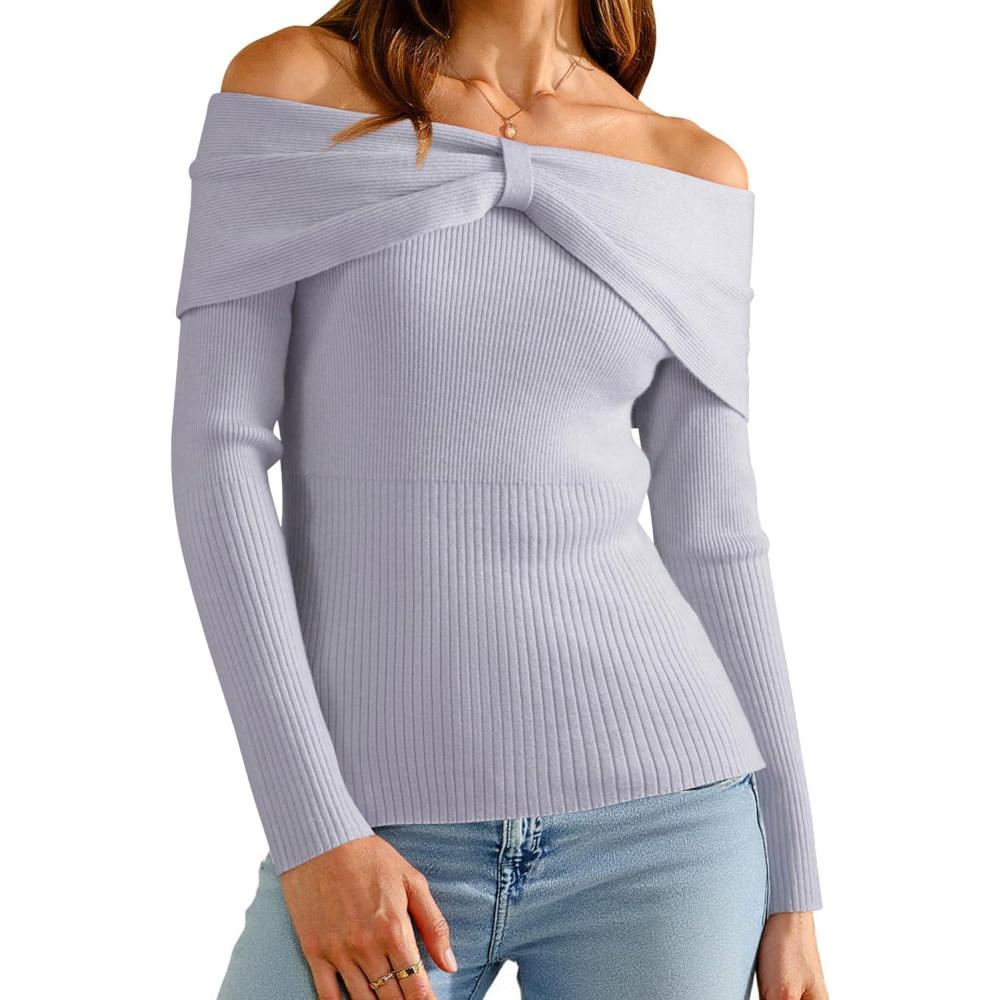 image:imageArachampCloz Womens Wool Blend Slim Fit Off The Shoulder Fall Sweater 2025Light Gray