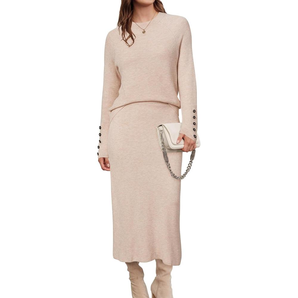 image:imageArachampCloz Womens Wool Blend Sweater 2 Piece Sets Business Lounge Long Sleeve Top Midi Dress OutfitsApricot