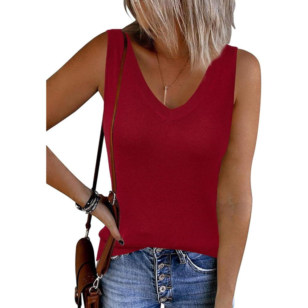 image:imageArachampCloz Womens Wool Blend Sweaters Non See Through Double VNeck AllSeason Tank 2026Burgundy Red