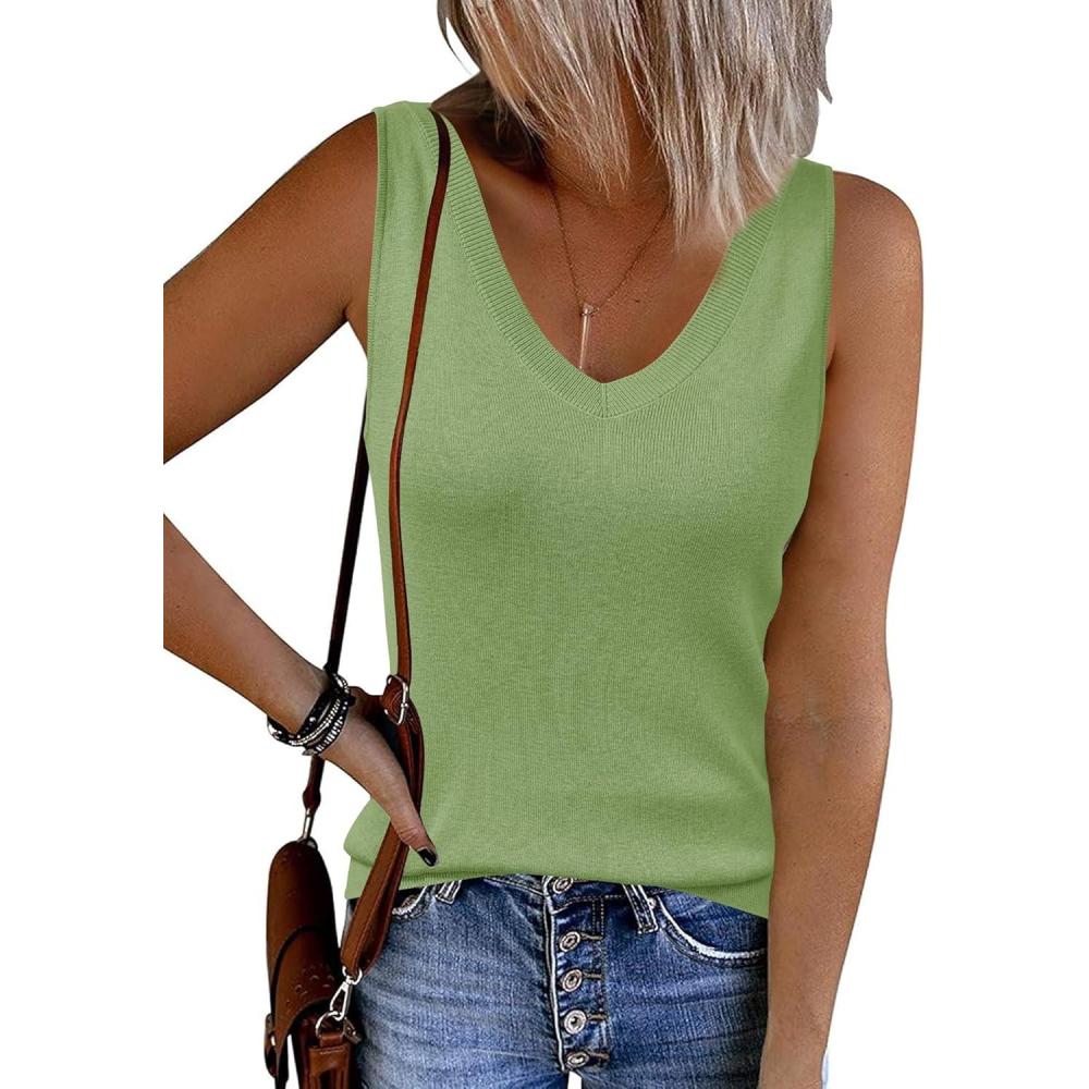 image:imageArachampCloz Womens Wool Blend Sweaters Non See Through Double VNeck AllSeason Tank 2026Leaves Green