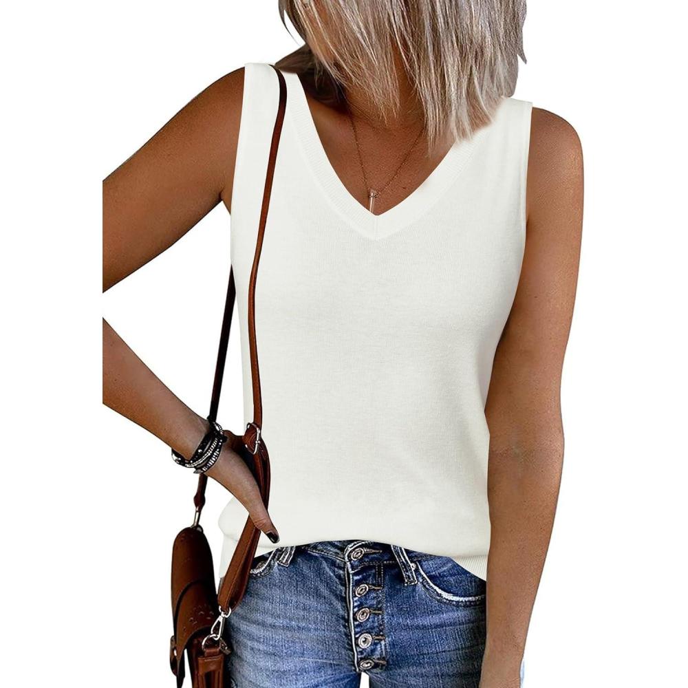 image:imageArachampCloz Womens Wool Blend Sweaters Non See Through Double VNeck AllSeason Tank 2026Offwhite