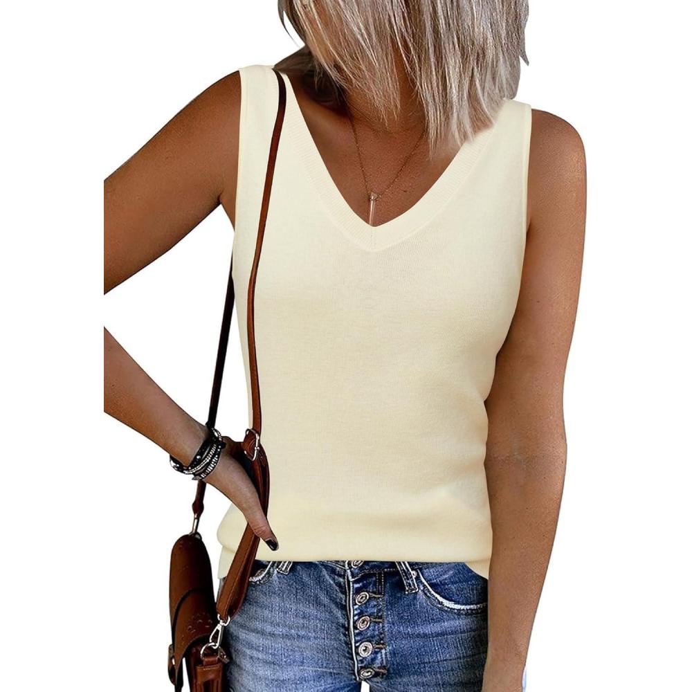 image:imageArachampCloz Womens Wool Blend Sweaters Non See Through Double VNeck AllSeason Tank 2026Offwhite Cream