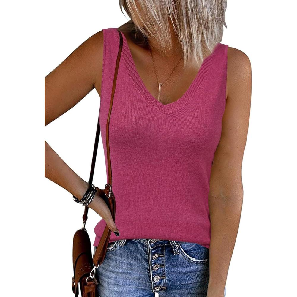 image:imageArachampCloz Womens Wool Blend Sweaters Non See Through Double VNeck AllSeason Tank 2026Rose Red