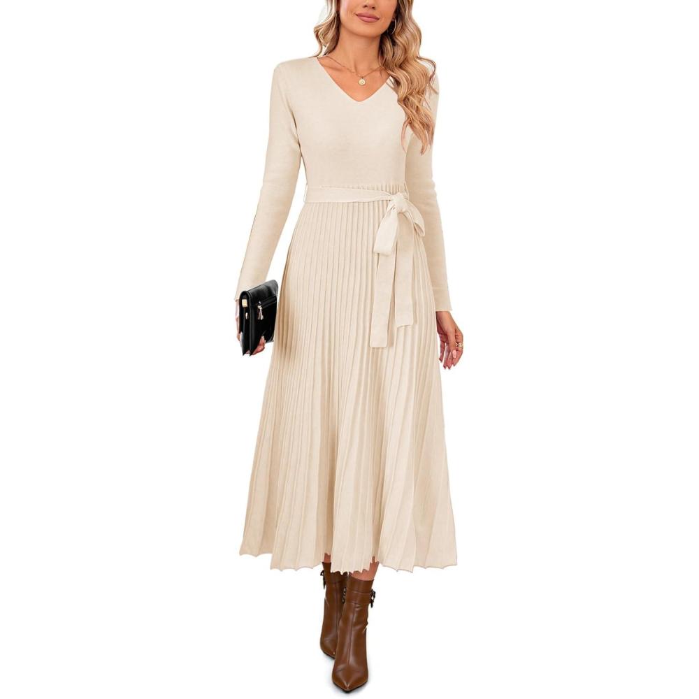 image:imageArachampCloz Womens Wool Blend Tie Waist Pleated Fall Sweater Dress 2025Beige
