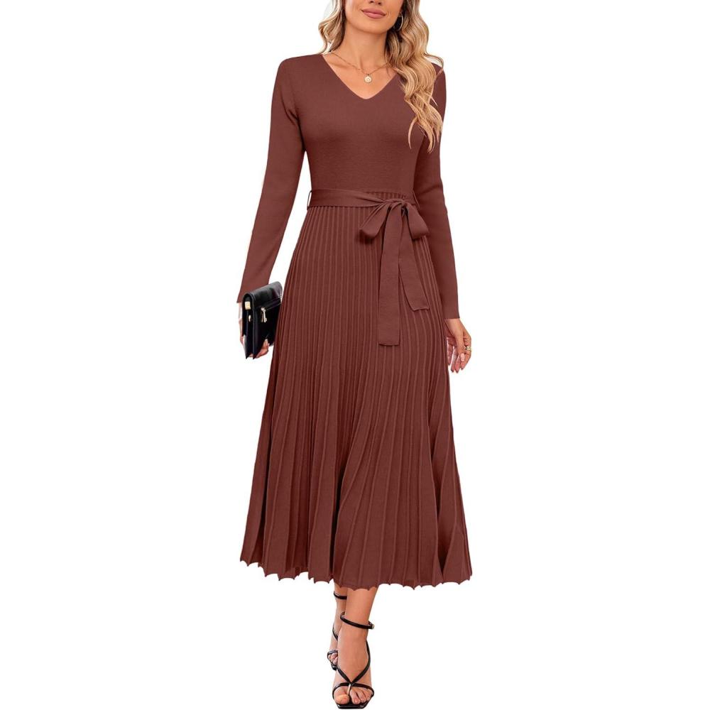 image:imageArachampCloz Womens Wool Blend Tie Waist Pleated Fall Sweater Dress 2025Brown Red