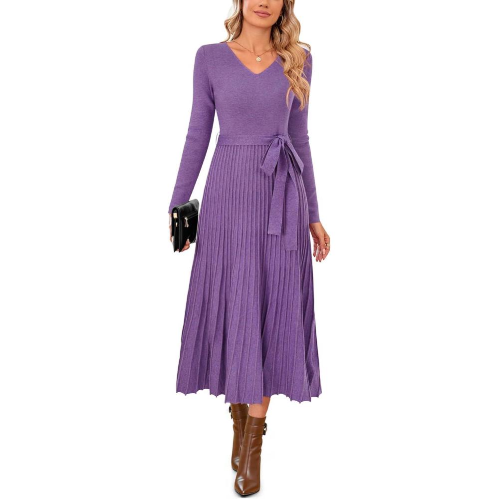 image:imageArachampCloz Womens Wool Blend Tie Waist Pleated Fall Sweater Dress 2025Coral Purple