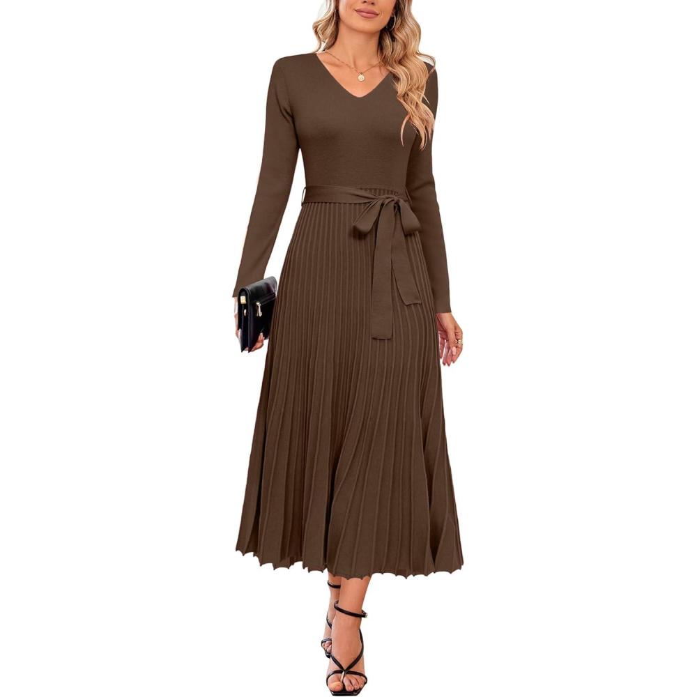 image:imageArachampCloz Womens Wool Blend Tie Waist Pleated Fall Sweater Dress 2025Dark Camel