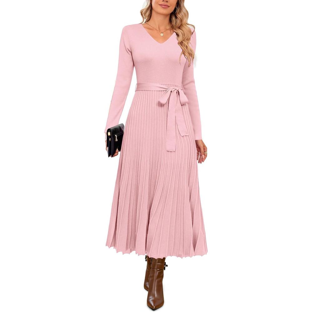 image:imageArachampCloz Womens Wool Blend Tie Waist Pleated Fall Sweater Dress 2025Pink
