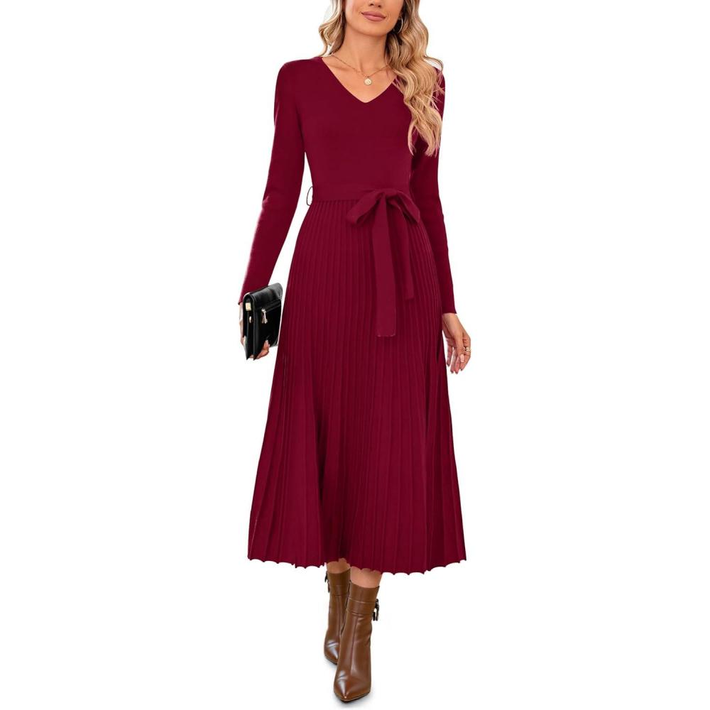 image:imageArachampCloz Womens Wool Blend Tie Waist Pleated Fall Sweater Dress 2025Wine Red