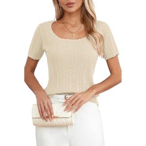 Arach&Cloz Women 2025 Spring Short Sleeve Square Neck T Shirts Knit Pullover Sweater Business Casual Dressy Tops(Beige)