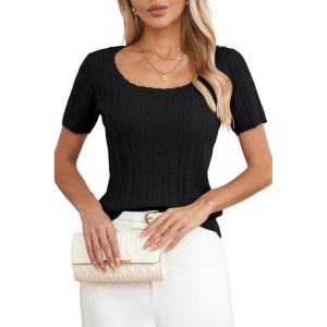 Arach&Cloz Women 2025 Spring Short Sleeve Square Neck T Shirts Knit Pullover Sweater Business Casual Dressy Tops(Black)