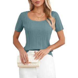 Arach&Cloz Women 2025 Spring Short Sleeve Square Neck T Shirts Knit Pullover Sweater Business Casual Dressy Tops(Gray Blue)
