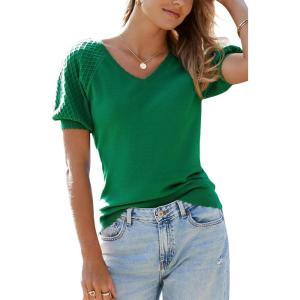 Arach&Cloz Women’s 2025 Summer Short Puff Sleeve Shirts V Neck Cute Blouses Dressy Casual Trendy Sweater Tops(Green)