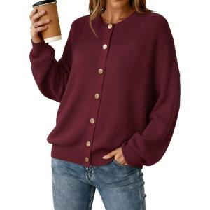Arach&Cloz Women’s Wool Blend Oversized Cardigan Sweaters Button Down Casual Clothing(Wine)