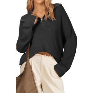 Arach&Cloz Women’s Wool Blend Quarter Zip Pullover Sweater Trendy Winter Soft Casual Lapel Oversized Fit Top(Black)