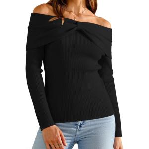 Arach&Cloz Women’s Wool Blend Slim Fit Off The Shoulder Fall Sweater 2025(Black)