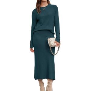 Arach&Cloz Women’s Wool Blend Sweater 2 Piece Sets Business Lounge Long Sleeve Top Midi Dress Outfits(Bluish Green)