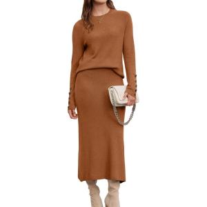 Arach&Cloz Women’s Wool Blend Sweater 2 Piece Sets Business Lounge Long Sleeve Top Midi Dress Outfits(Caramel)