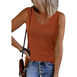 Arach&Cloz Women’s Wool Blend Sweaters Non See Through Double V-Neck All-Season Tank 2026(Caramel)