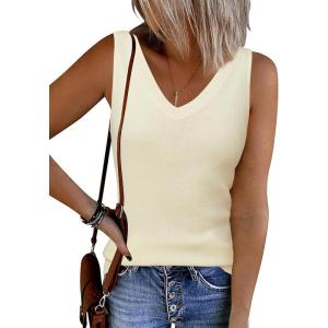 Arach&Cloz Women’s Wool Blend Sweaters Non See Through Double V-Neck All-Season Tank 2026(Off-white Cream)