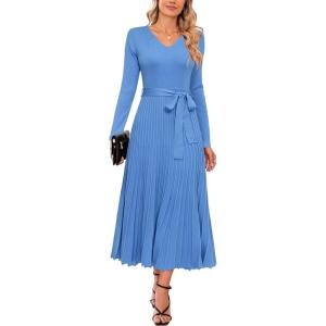 Arach&Cloz Women’s Wool Blend Tie Waist Pleated Fall Sweater Dress 2025(Lake Blue)