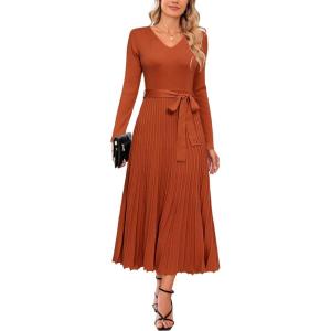 Arach&Cloz Women’s Wool Blend Tie Waist Pleated Fall Sweater Dress 2025(Rust)