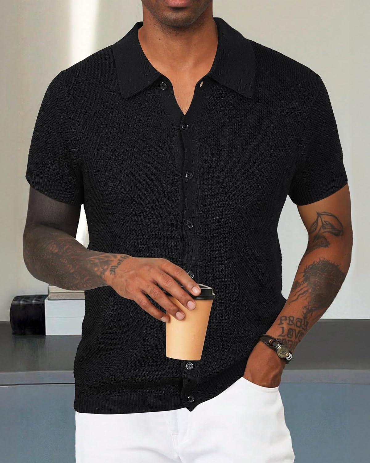 image:imageArachampCloz Mens Wool Blended Button Down Short Sleeve Sweater Knit 2025 Summer Fashion Dress Shirts Casual Business GolfBlack