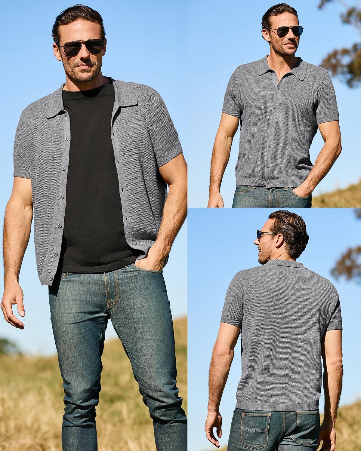 image:imageArachampCloz Mens Wool Blended Button Down Short Sleeve Sweater Knit 2025 Summer Fashion Dress Shirts Casual Business GolfGray