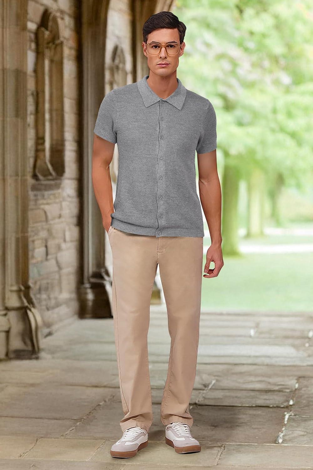 image:imageArachampCloz Mens Wool Blended Button Down Short Sleeve Sweater Knit 2025 Summer Fashion Dress Shirts Casual Business GolfGray
