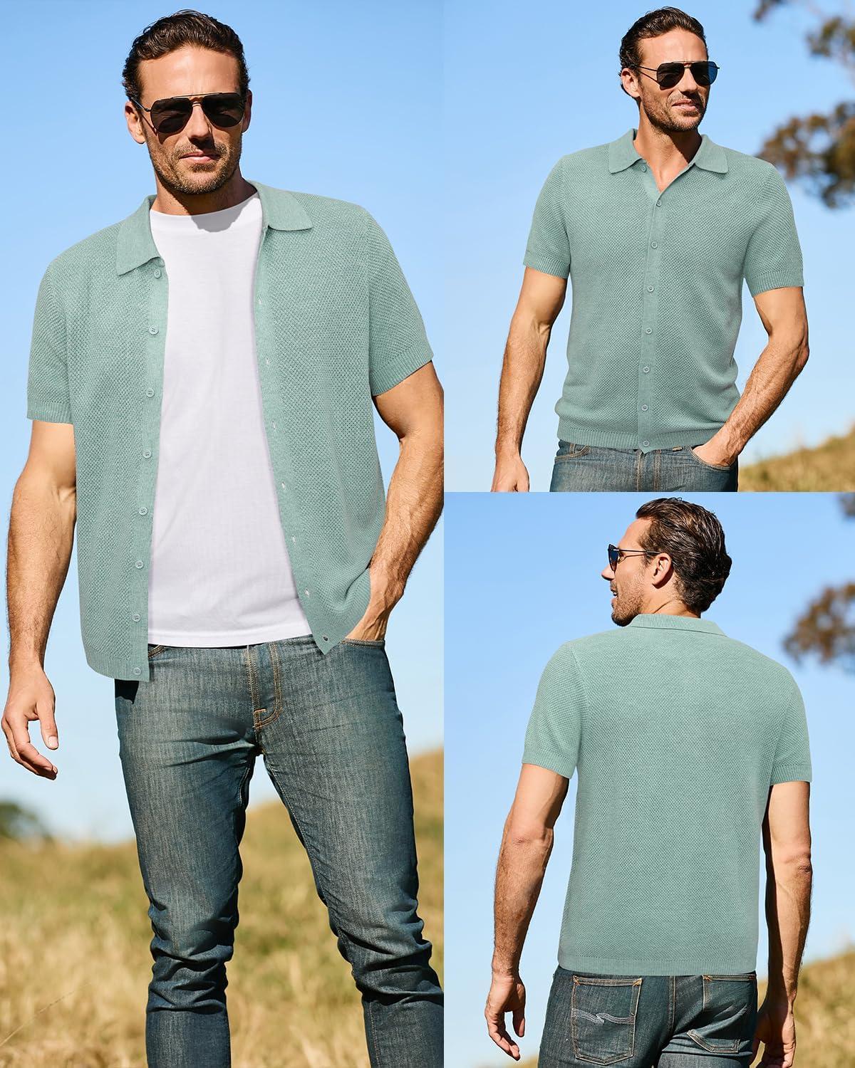 image:imageArachampCloz Mens Wool Blended Button Down Short Sleeve Sweater Knit 2025 Summer Fashion Dress Shirts Casual Business GolfLight Green
