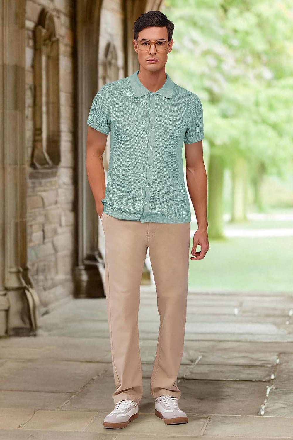 image:imageArachampCloz Mens Wool Blended Button Down Short Sleeve Sweater Knit 2025 Summer Fashion Dress Shirts Casual Business GolfLight Green
