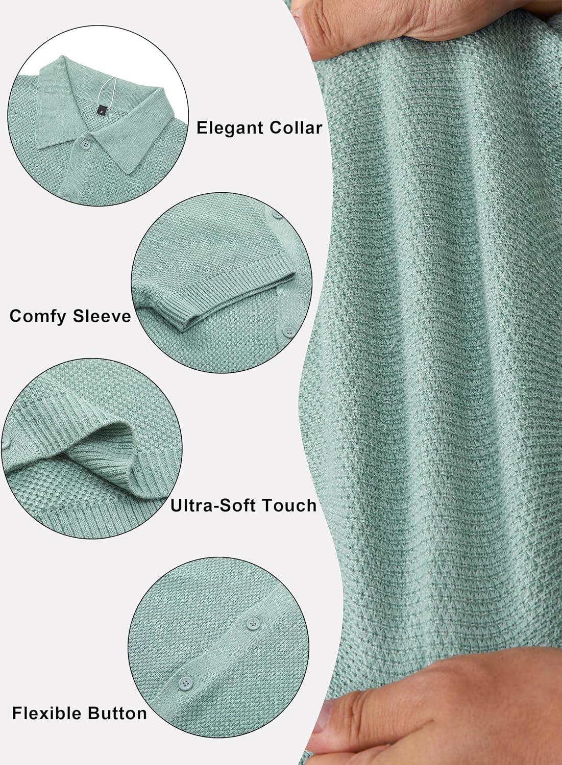 image:imageArachampCloz Mens Wool Blended Button Down Short Sleeve Sweater Knit 2025 Summer Fashion Dress Shirts Casual Business GolfLight Green