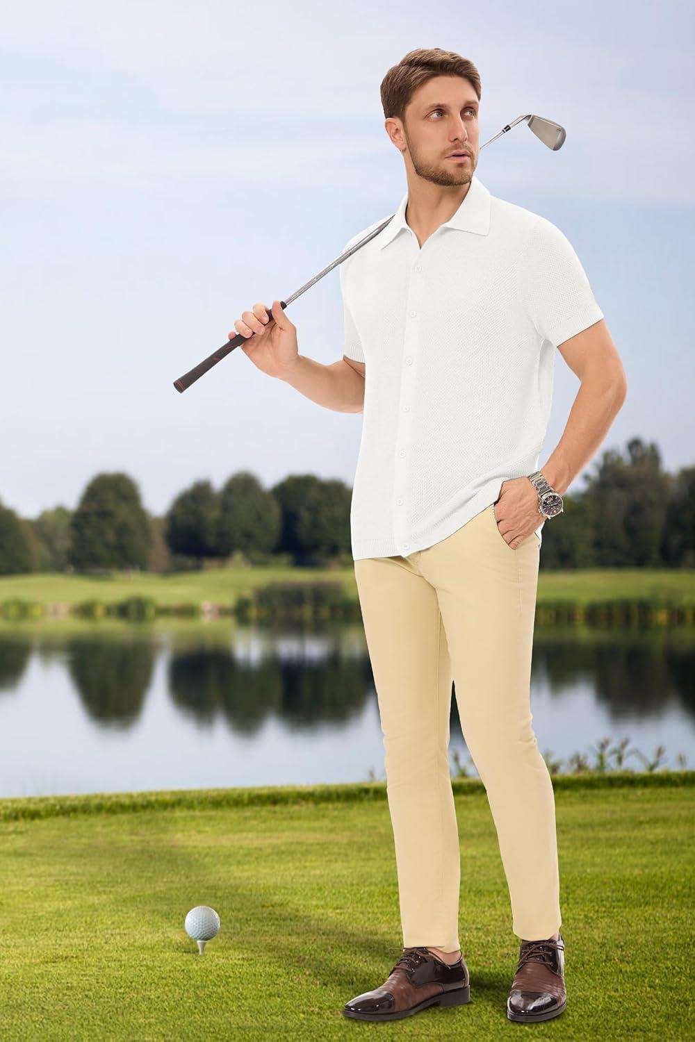 image:imageArachampCloz Mens Wool Blended Button Down Short Sleeve Sweater Knit 2025 Summer Fashion Dress Shirts Casual Business GolfWhite