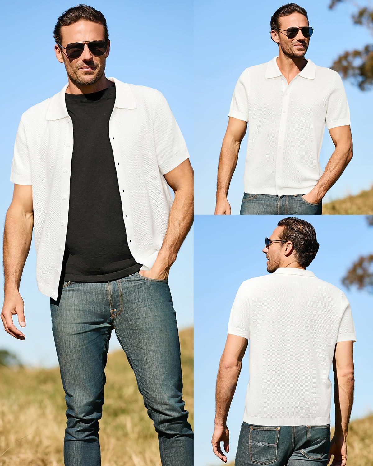 image:imageArachampCloz Mens Wool Blended Button Down Short Sleeve Sweater Knit 2025 Summer Fashion Dress Shirts Casual Business GolfWhite
