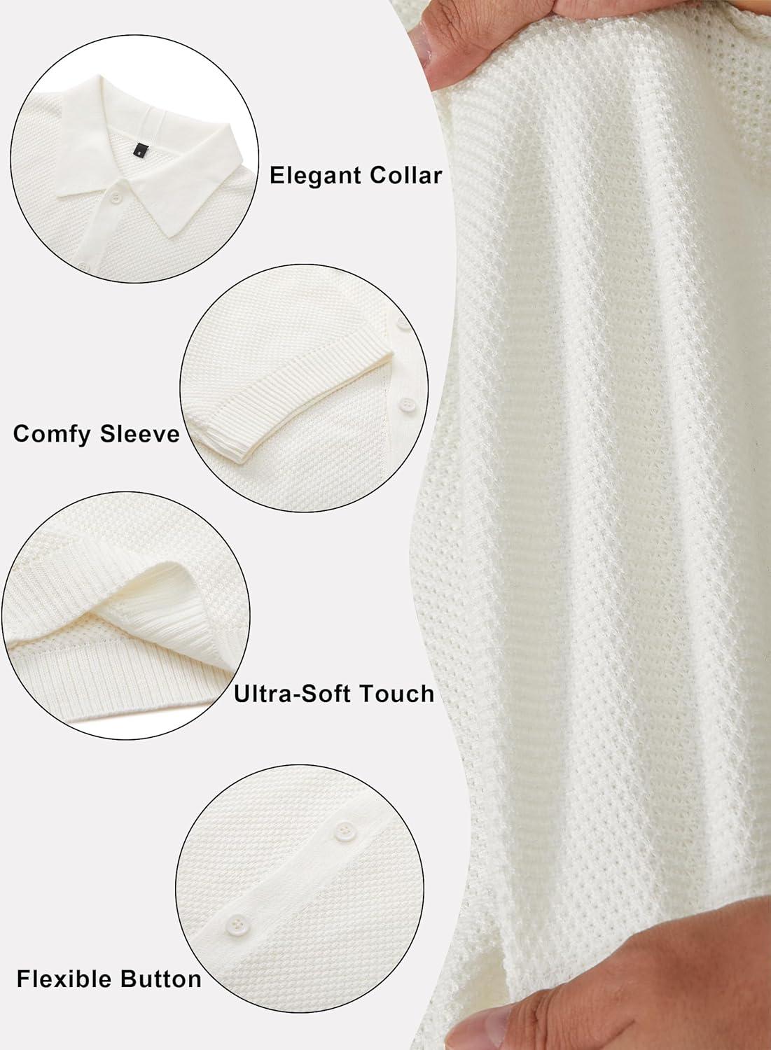 image:imageArachampCloz Mens Wool Blended Button Down Short Sleeve Sweater Knit 2025 Summer Fashion Dress Shirts Casual Business GolfWhite