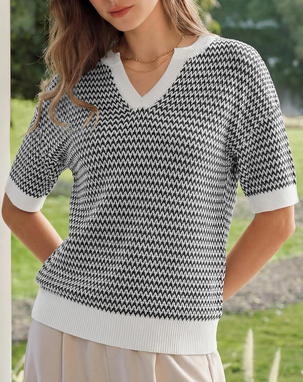 image:imageArachampCloz Womens 100 Cotton Polo V Neck Striped Short Sleeve Spring Casual Pullover Sweaters 2026Black