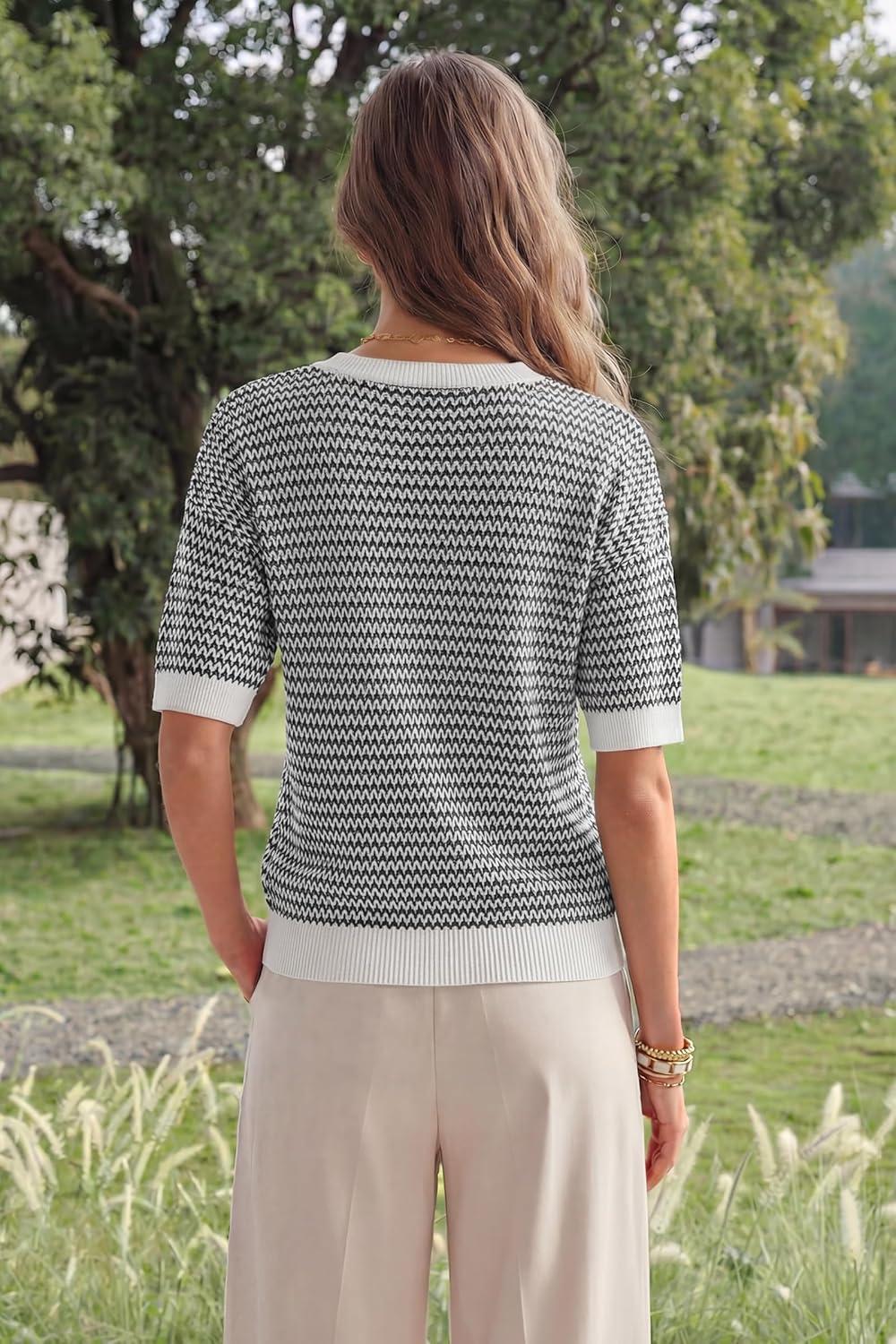image:imageArachampCloz Womens 100 Cotton Polo V Neck Striped Short Sleeve Spring Casual Pullover Sweaters 2026Black