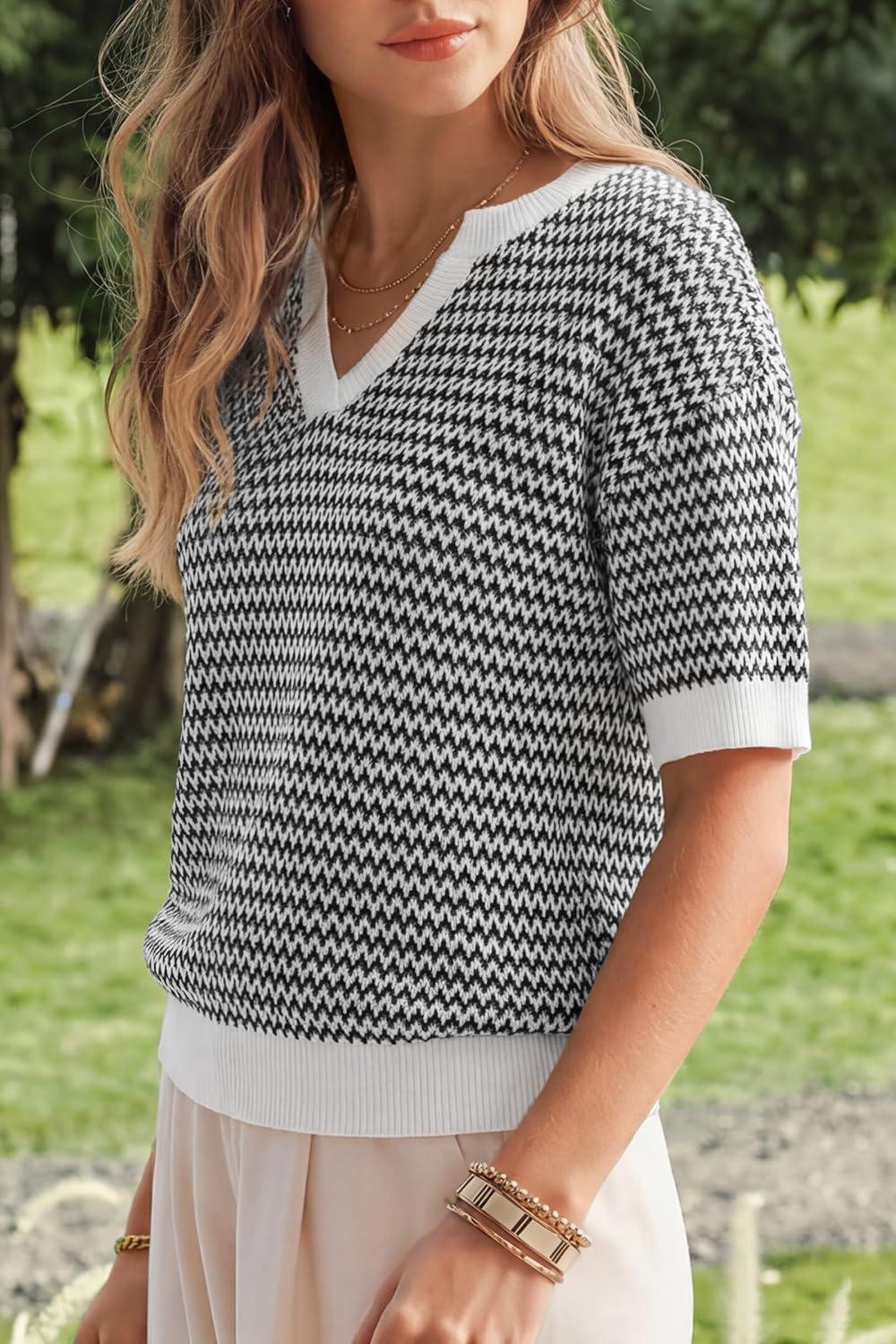 image:imageArachampCloz Womens 100 Cotton Polo V Neck Striped Short Sleeve Spring Casual Pullover Sweaters 2026Black