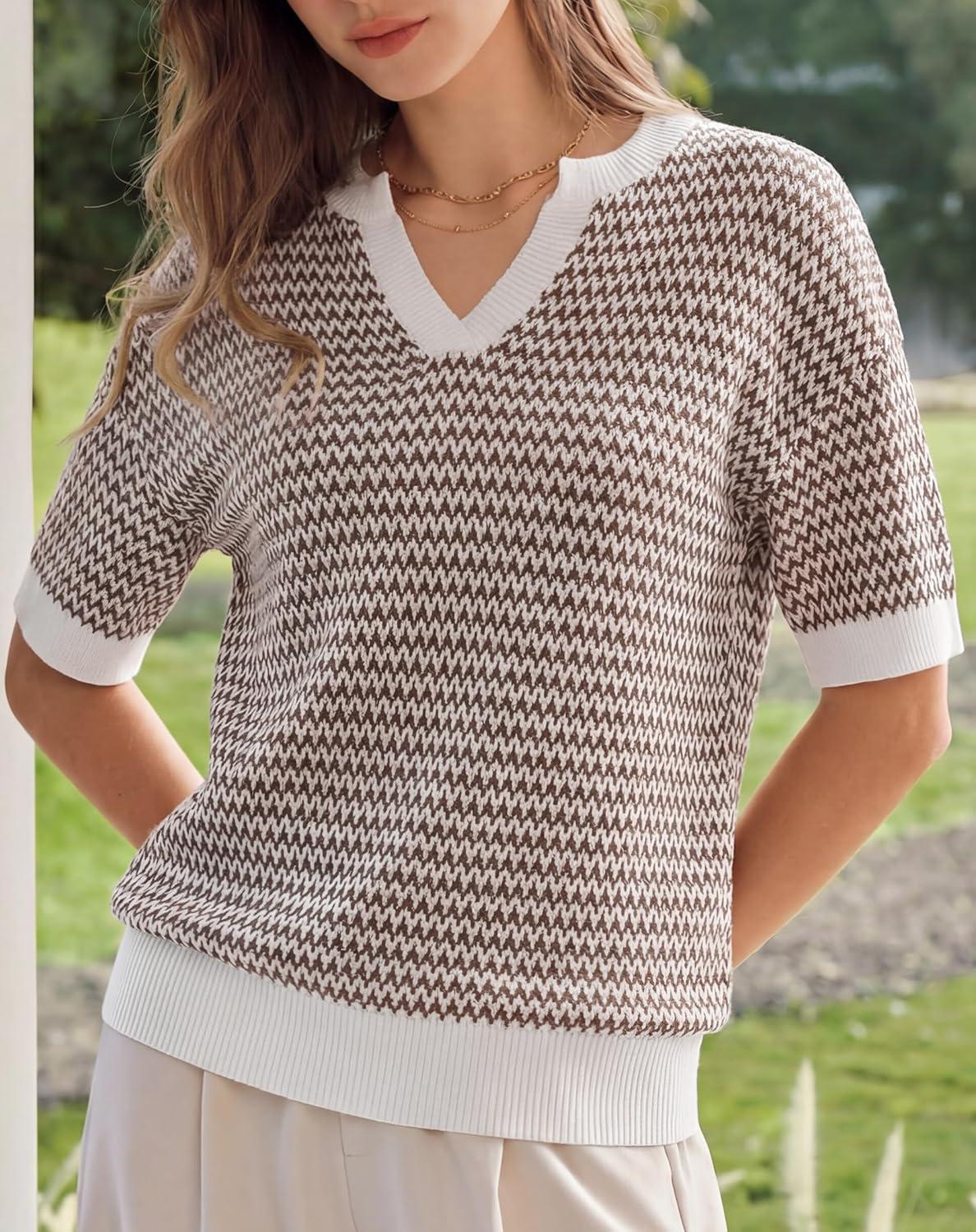 image:imageArachampCloz Womens 100 Cotton Polo V Neck Striped Short Sleeve Spring Casual Pullover Sweaters 2026Brown