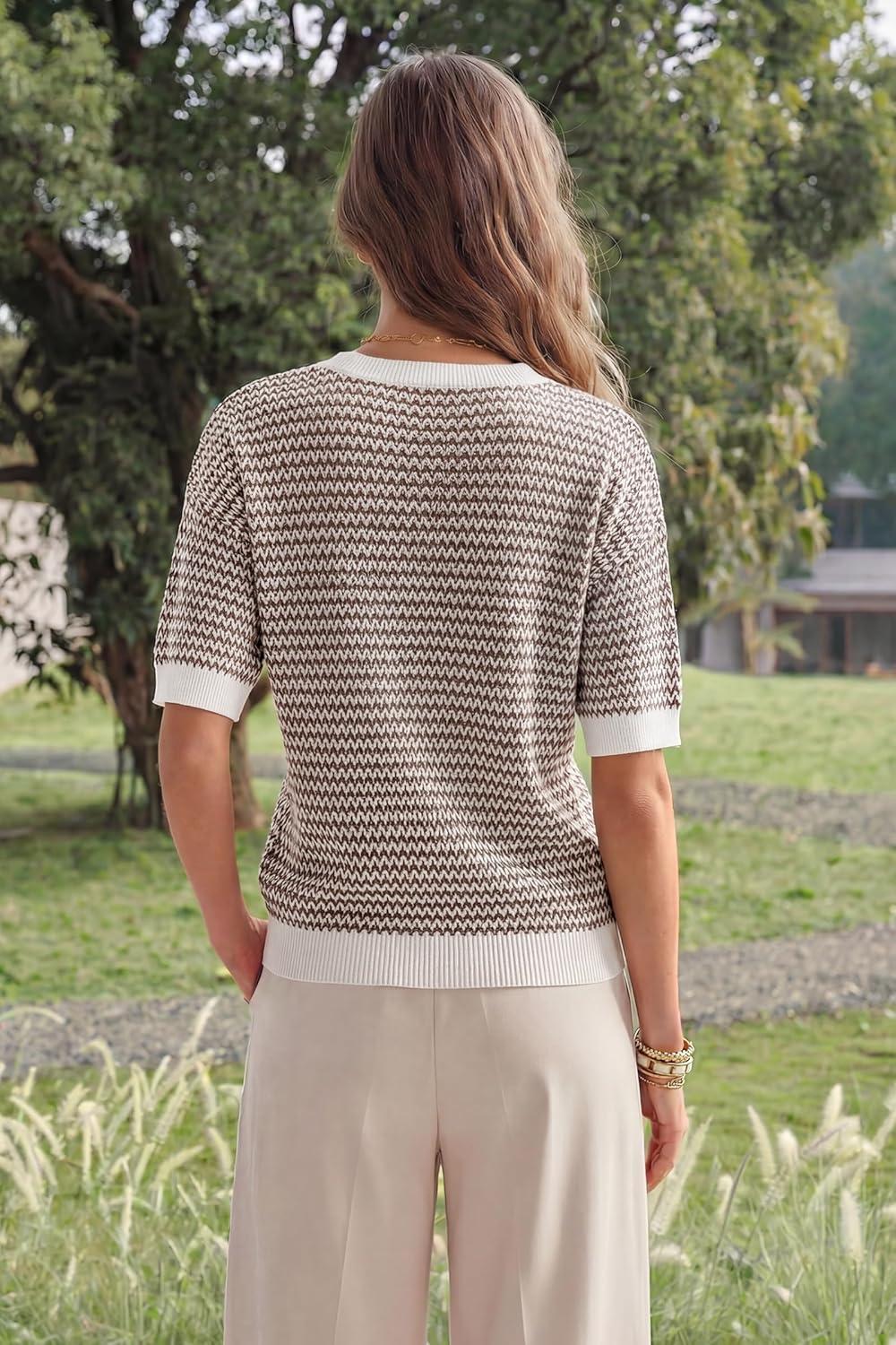 image:imageArachampCloz Womens 100 Cotton Polo V Neck Striped Short Sleeve Spring Casual Pullover Sweaters 2026Brown