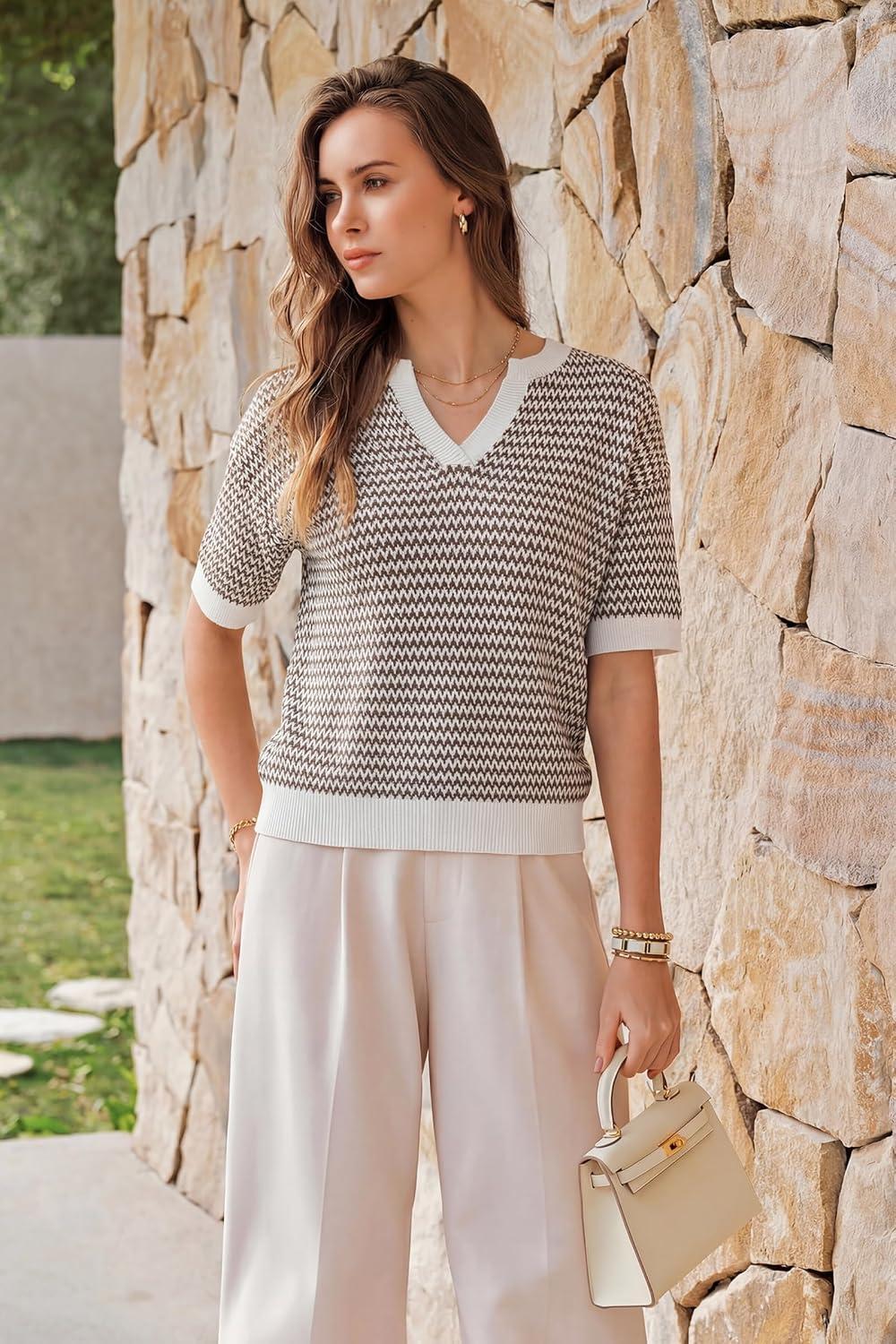 image:imageArachampCloz Womens 100 Cotton Polo V Neck Striped Short Sleeve Spring Casual Pullover Sweaters 2026Brown