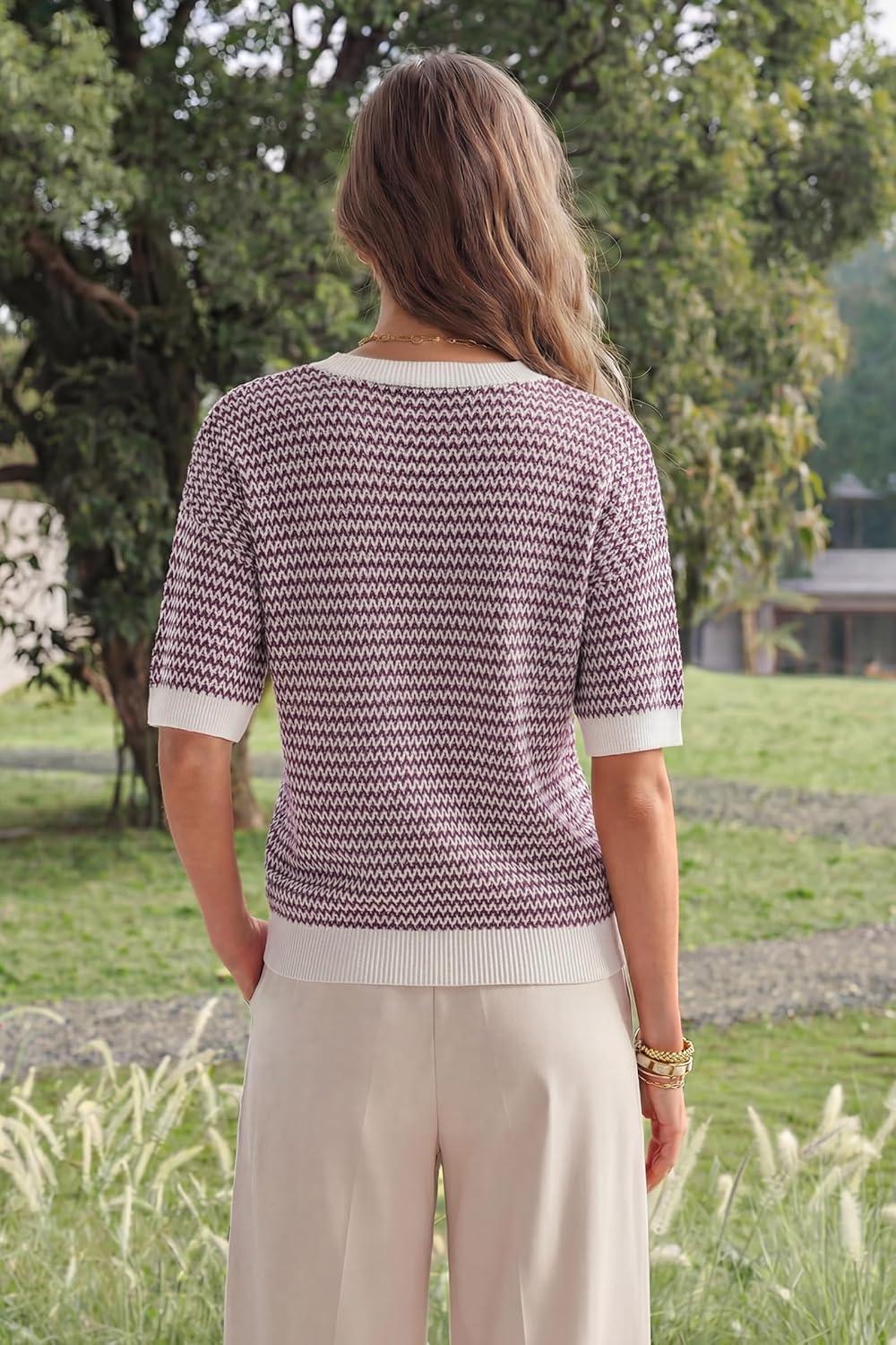 image:imageArachampCloz Womens 100 Cotton Polo V Neck Striped Short Sleeve Spring Casual Pullover Sweaters 2026Dark Red