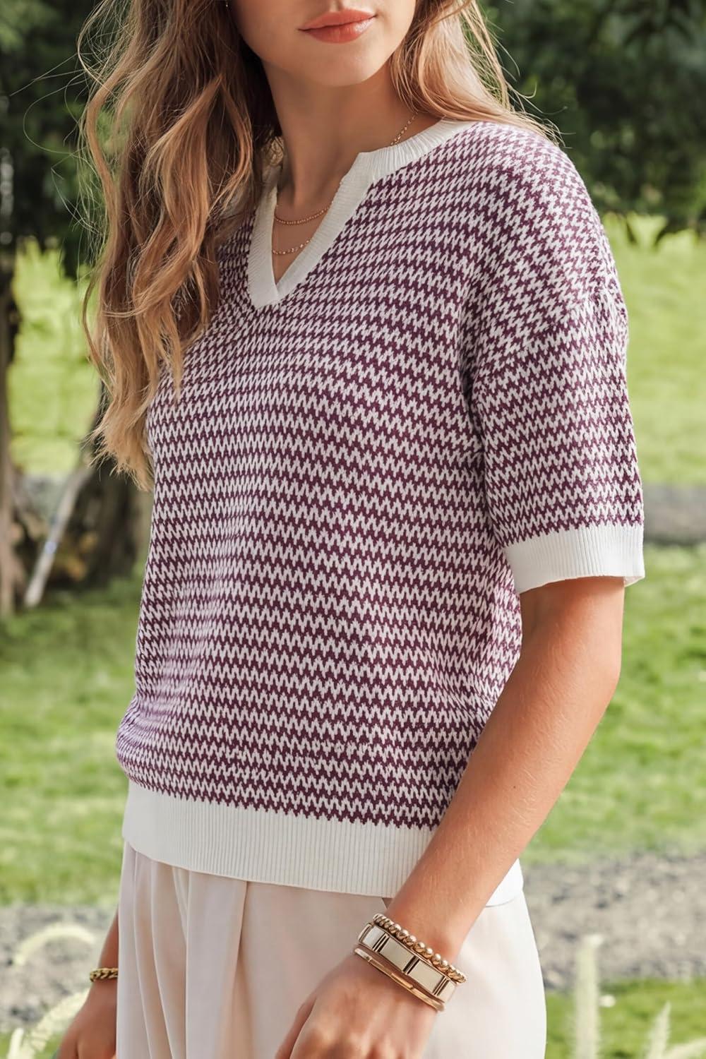 image:imageArachampCloz Womens 100 Cotton Polo V Neck Striped Short Sleeve Spring Casual Pullover Sweaters 2026Dark Red