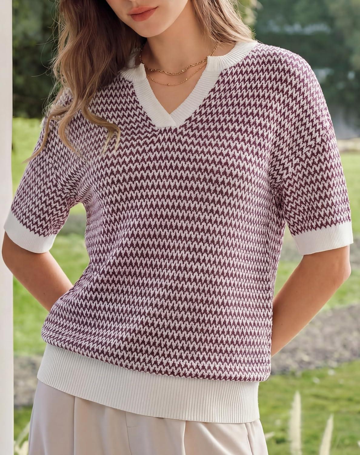 image:imageArachampCloz Womens 100 Cotton Polo V Neck Striped Short Sleeve Spring Casual Pullover Sweaters 2026Dark Red